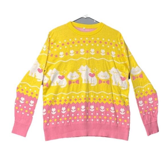 Chanteii Kitten Sweater Kawaii Sweater yellow Sz S Cotton Cozycore Cat Lover - Picture 2 of 9